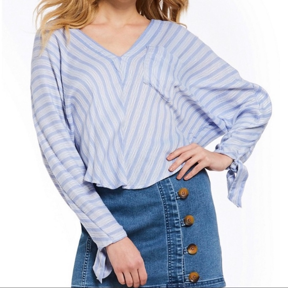 Free People Tie Sleeve Blue White Pinstripe V Neck Dolman Long Sleeve Top